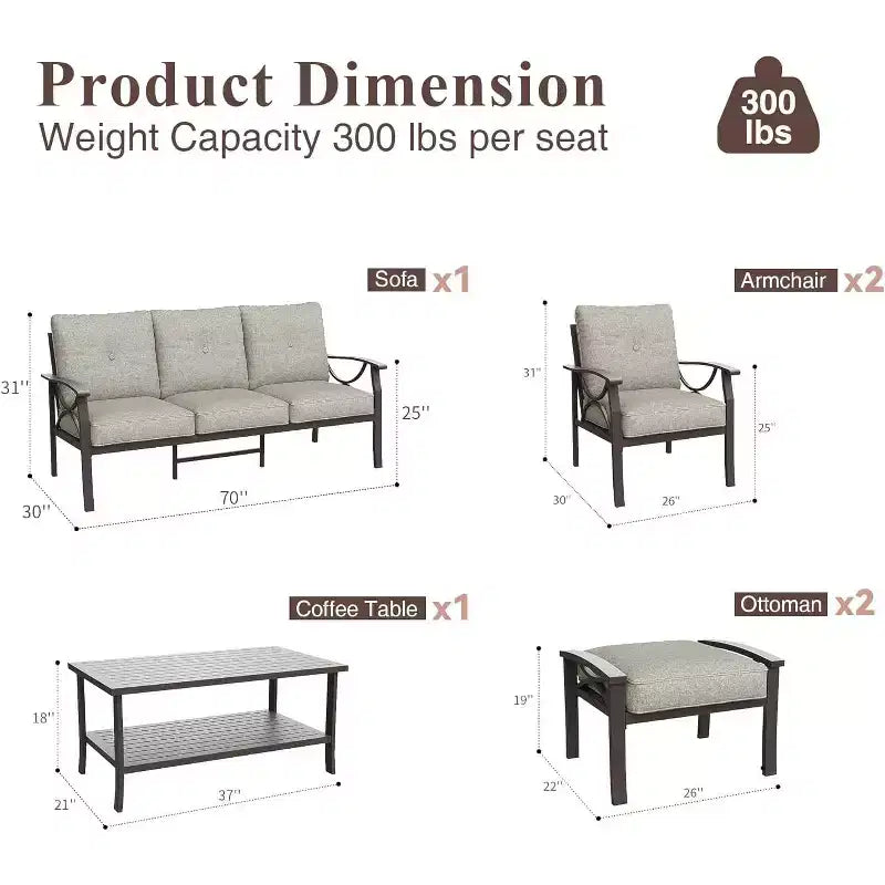 Heynemo Set di mobili da esterno per patio, 6 pezzi, con tavolino da caffè e pouf, set di mobili in metallo per portico e cortile, colore caffè
