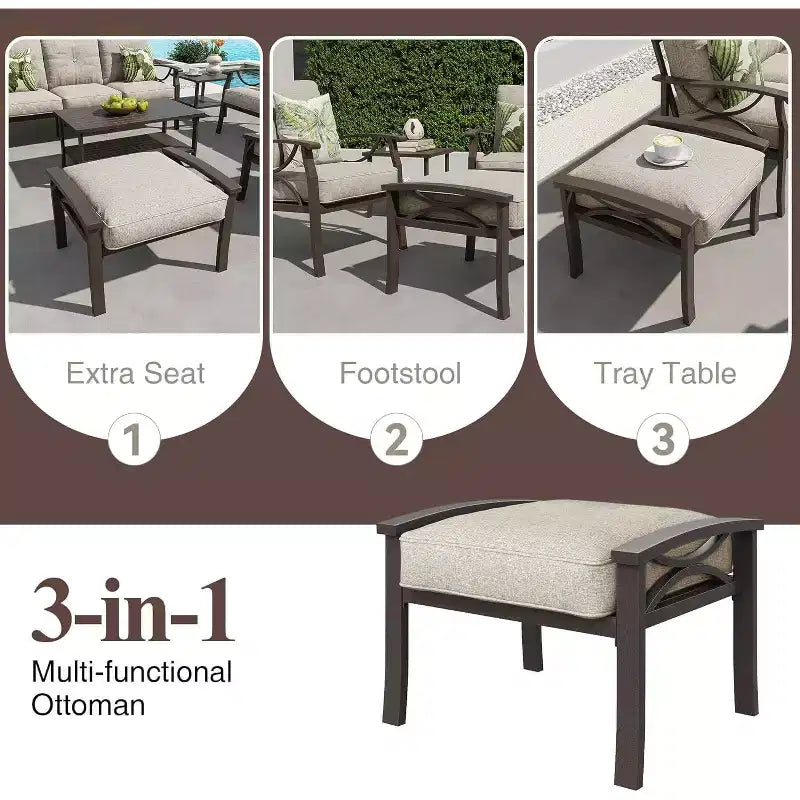 Heynemo Set di mobili da esterno per patio, 6 pezzi, con tavolino da caffè e pouf, set di mobili in metallo per portico e cortile, colore caffè