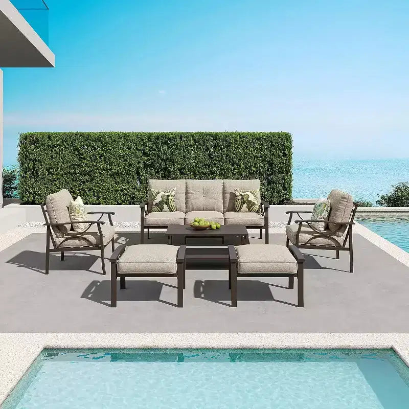 Heynemo Set di mobili da esterno per patio, 6 pezzi, con tavolino da caffè e pouf, set di mobili in metallo per portico e cortile, colore caffè