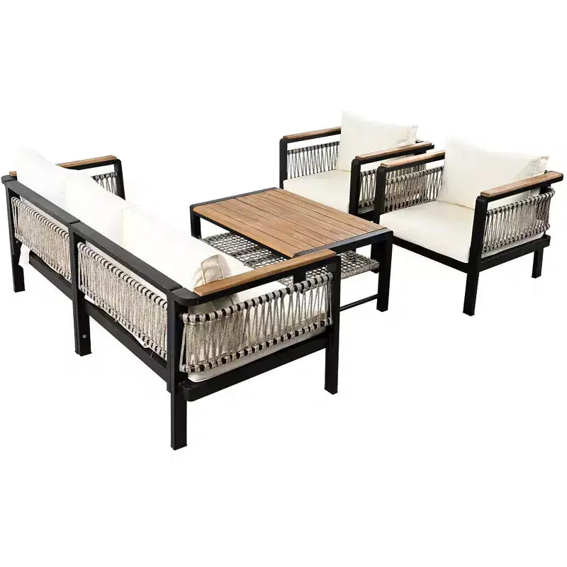Set Divano Sezionale da Esterno 4 Pezzi, Salottino da Patio 5 Posti con Cuscini e Tavolino da Caffè - ModernLuxe