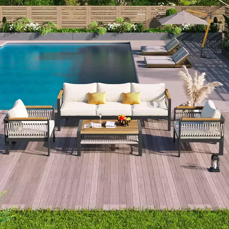 Set Divano Sezionale da Esterno 4 Pezzi, Salottino da Patio 5 Posti con Cuscini e Tavolino da Caffè - ModernLuxe
