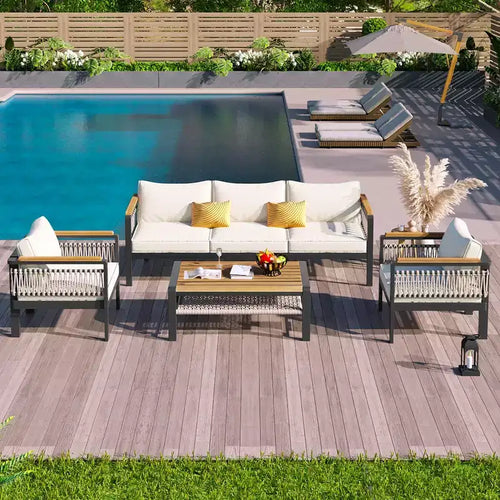Set Divano Sezionale da Esterno 4 Pezzi, Salottino da Patio 5 Posti con Cuscini e Tavolino da Caffè - ModernLuxe