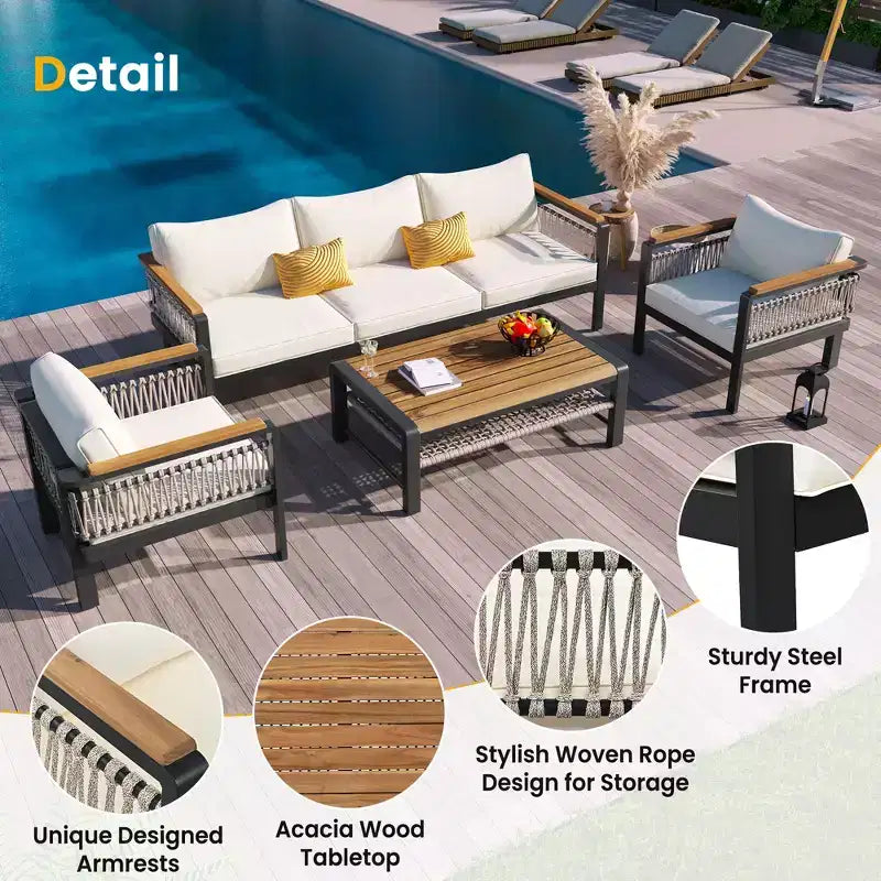 Set Divano Sezionale da Esterno 4 Pezzi, Salottino da Patio 5 Posti con Cuscini e Tavolino da Caffè - ModernLuxe