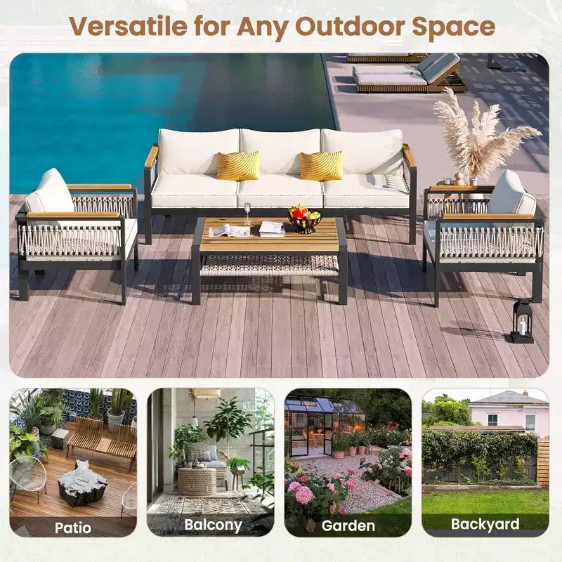 Set Divano Sezionale da Esterno 4 Pezzi, Salottino da Patio 5 Posti con Cuscini e Tavolino da Caffè - ModernLuxe
