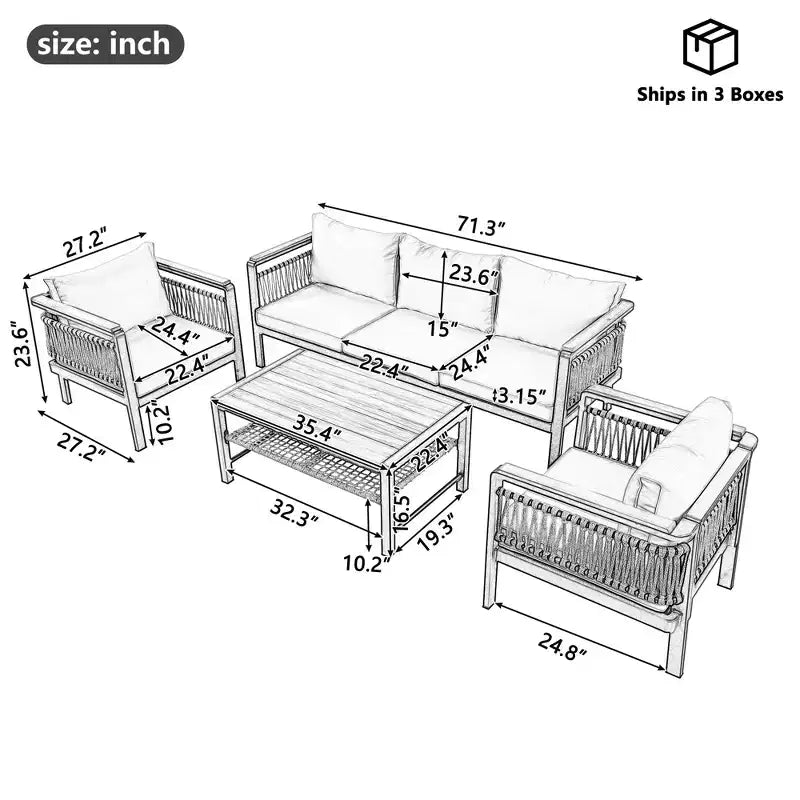 Set Divano Sezionale da Esterno 4 Pezzi, Salottino da Patio 5 Posti con Cuscini e Tavolino da Caffè - ModernLuxe