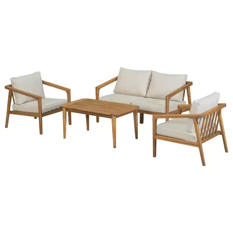 Christopher Knight Home Osborn Set Salotto da Esterno a 4 Pezzi in Legno di Acacia con Design a Doghe e Cuscini, Teak/Beige