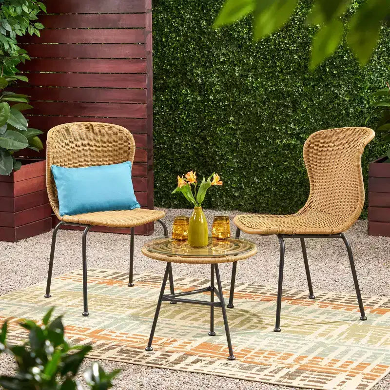 Christopher Knight Home Spinnaker Set Salotto da Esterno Boho 3 Pezzi in Vimini e Vetro Temperato, Marrone Chiaro/Nero