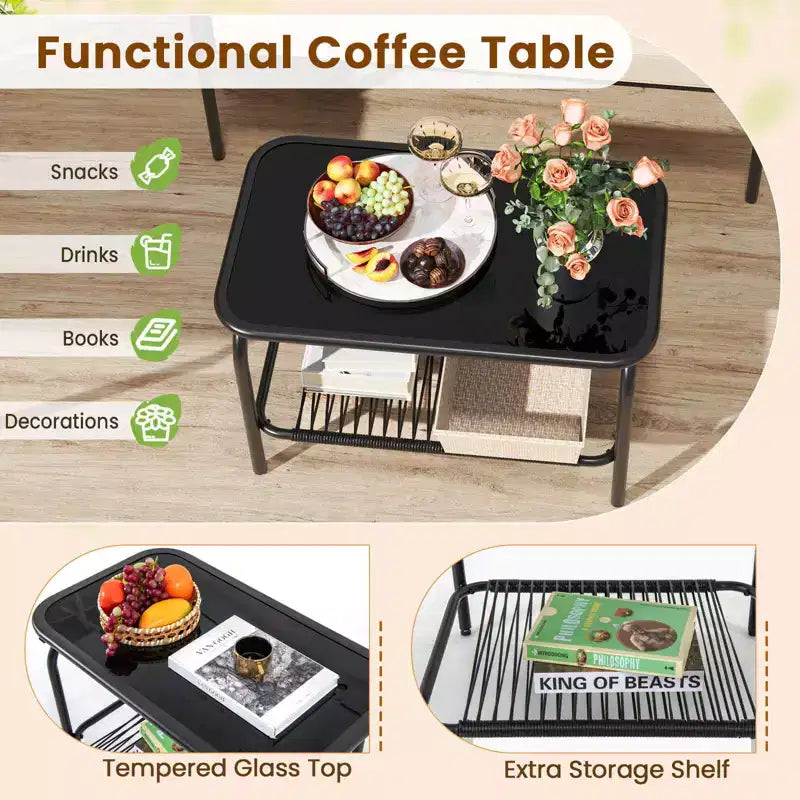 Set di mobili da giardino Costway 4 pezzi con divanetto, tavolino da caffè in vetro temperato e cuscini morbidi