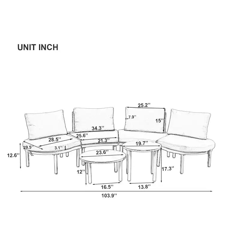 Set divano da esterno semicircolare 6 pezzi Whisen con 2 tavolini da caffè e 4 cuscini, componibile in rattan PE