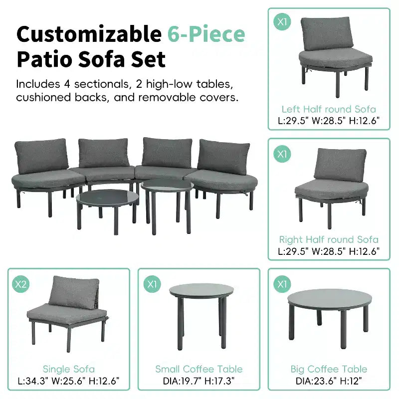 Set divano da esterno semicircolare 6 pezzi Whisen con 2 tavolini da caffè e 4 cuscini, componibile in rattan PE