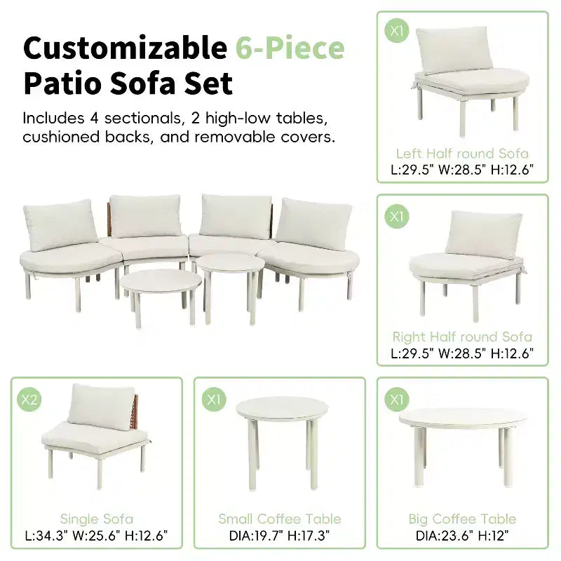 Set divano da esterno semicircolare 6 pezzi Whisen con 2 tavolini da caffè e 4 cuscini, componibile in rattan PE