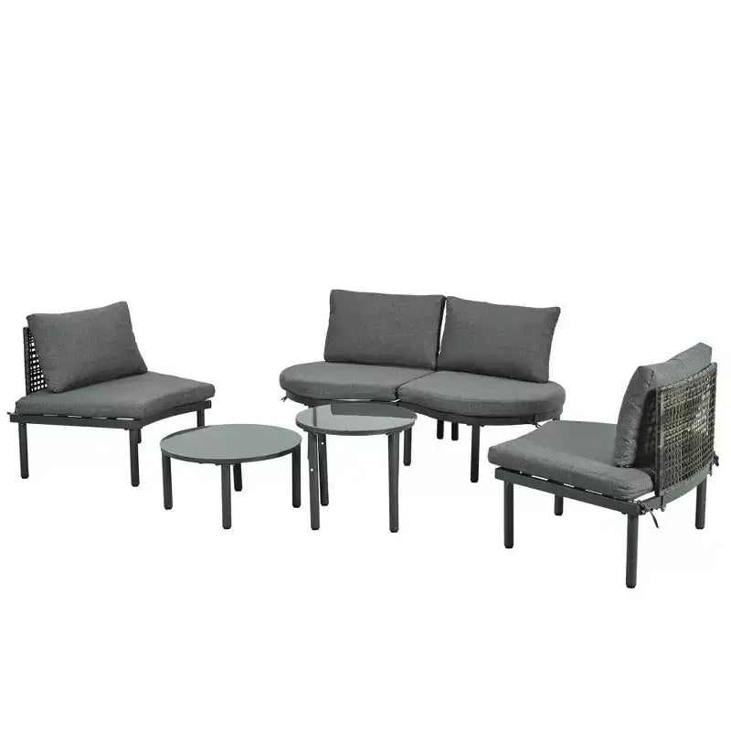 Set divano da esterno semicircolare 6 pezzi Whisen con 2 tavolini da caffè e 4 cuscini, componibile in rattan PE