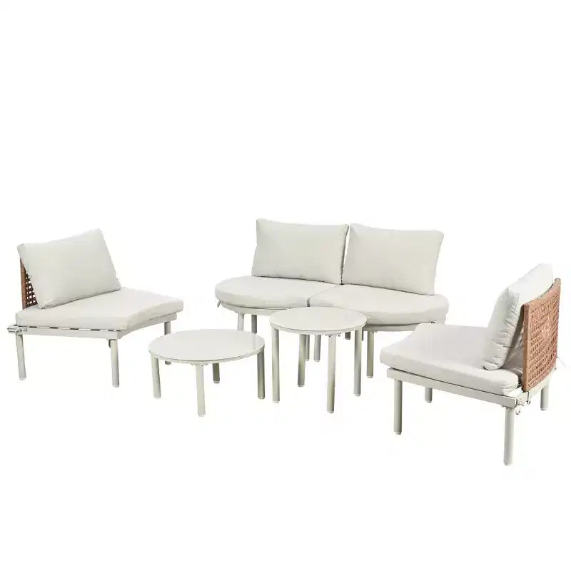 Set divano da esterno semicircolare 6 pezzi Whisen con 2 tavolini da caffè e 4 cuscini, componibile in rattan PE