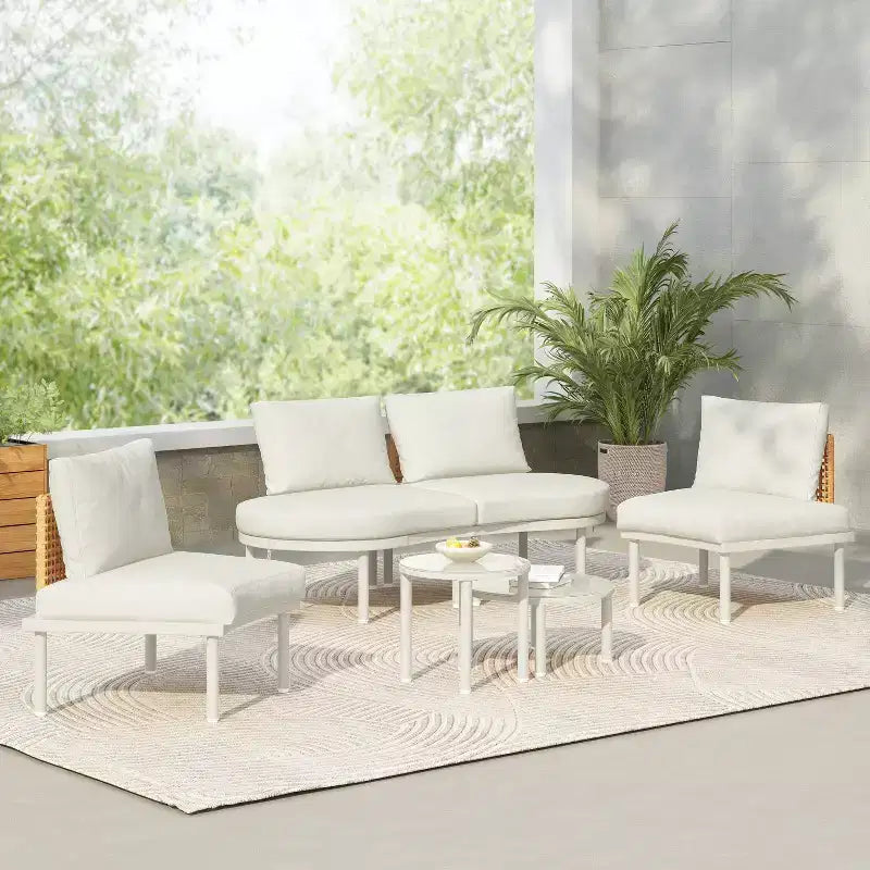 Set divano da esterno semicircolare 6 pezzi Whisen con 2 tavolini da caffè e 4 cuscini, componibile in rattan PE