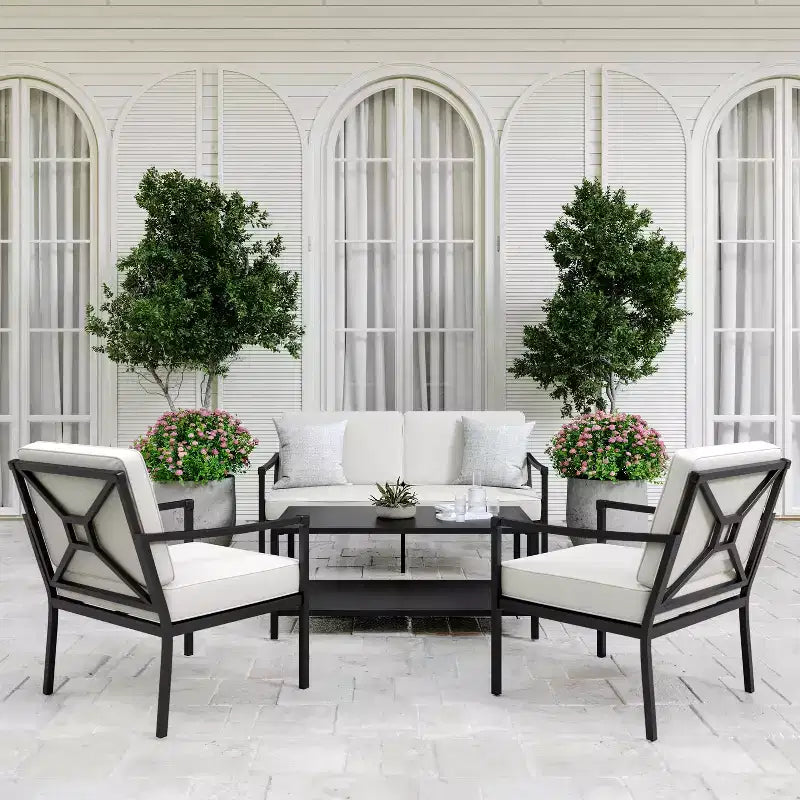 Set da conversazione da patio 4 pezzi Martha Stewart in acciaio con divanetto a due posti, 2 sedie, tavolino da caffè, colore nero