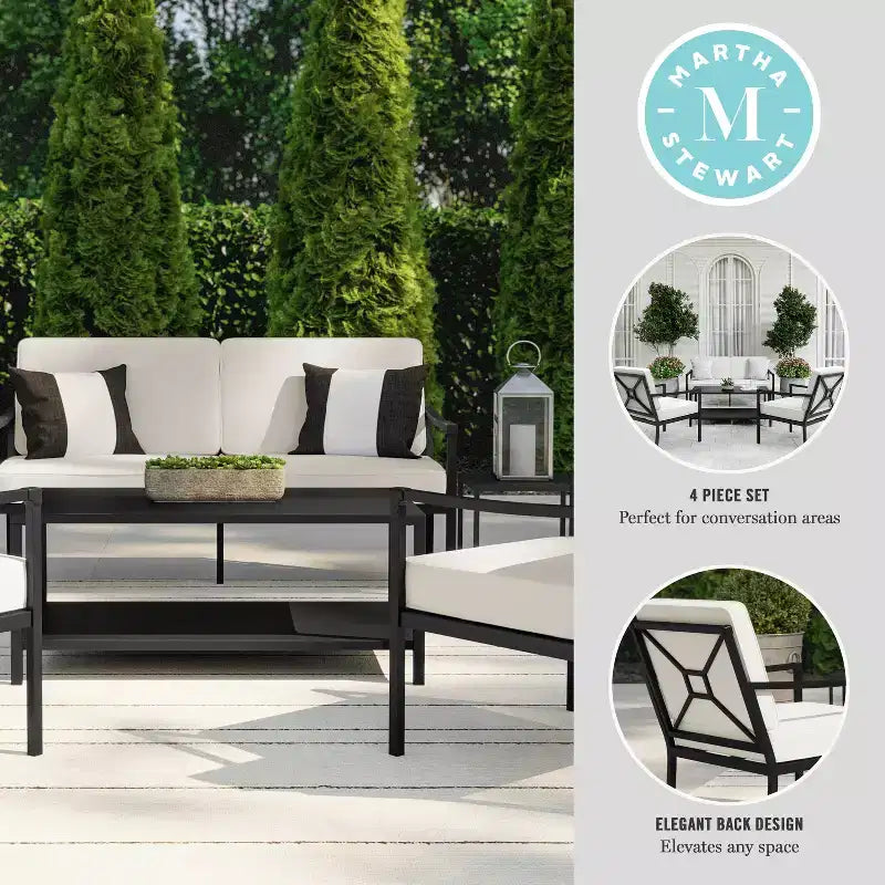 Set da conversazione da patio 4 pezzi Martha Stewart in acciaio con divanetto a due posti, 2 sedie, tavolino da caffè, colore nero
