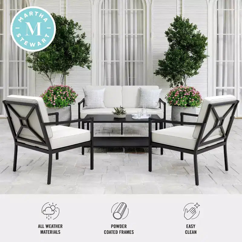 Set da conversazione da patio 4 pezzi Martha Stewart in acciaio con divanetto a due posti, 2 sedie, tavolino da caffè, colore nero