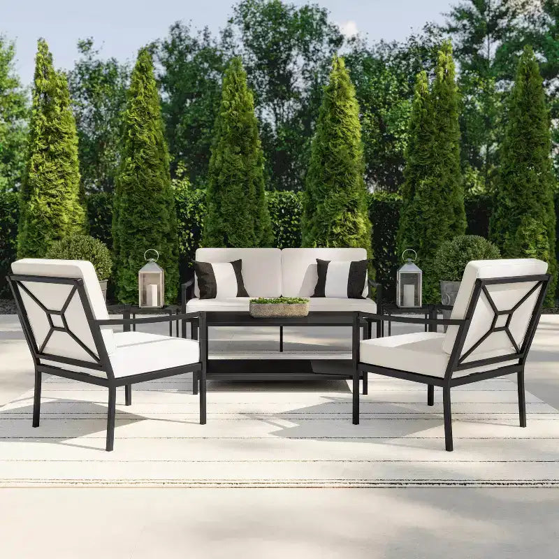 Set da conversazione da patio 4 pezzi Martha Stewart in acciaio con divanetto a due posti, 2 sedie, tavolino da caffè, colore nero