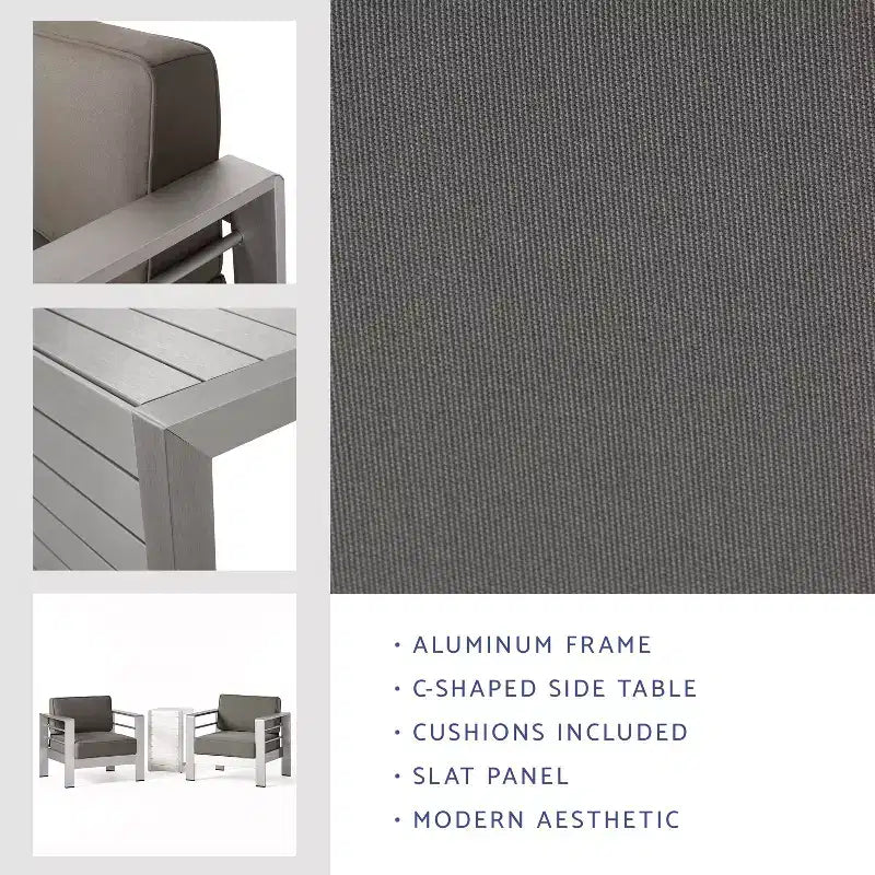 Set da conversazione da esterno a 3 pezzi Christopher Knight Home Crested Bay in alluminio con tavolino a forma di C