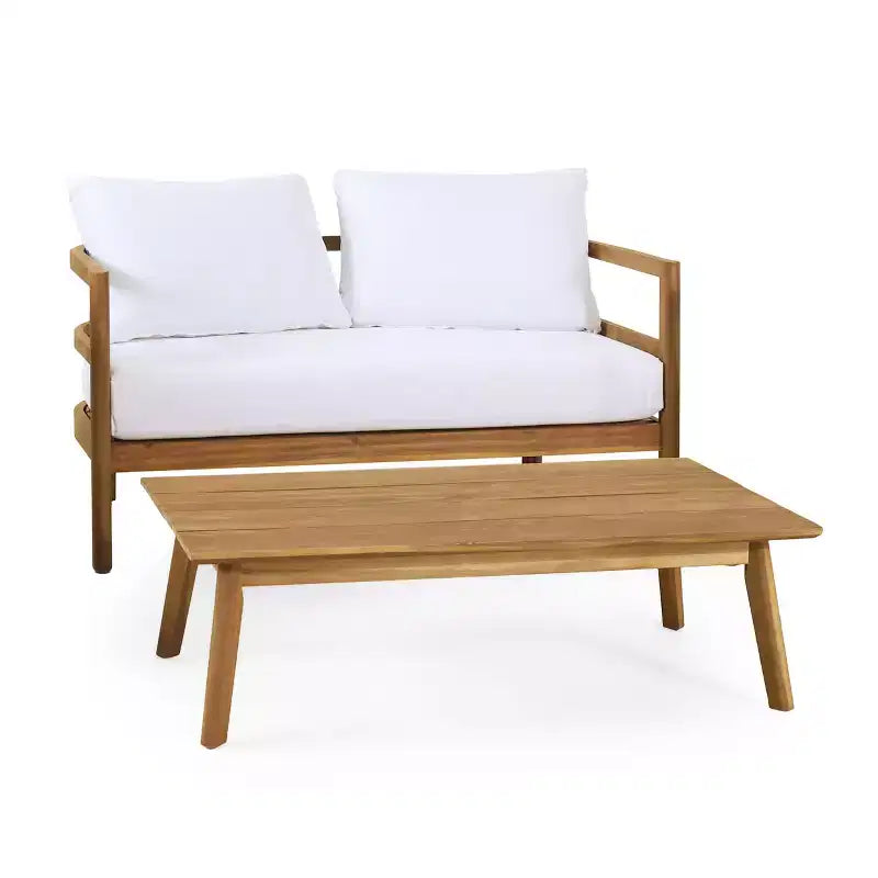 GDFStudio Aggie, set da esterni con divanetto a due posti e tavolino da caffè in legno di acacia con cuscini, teak/bianco