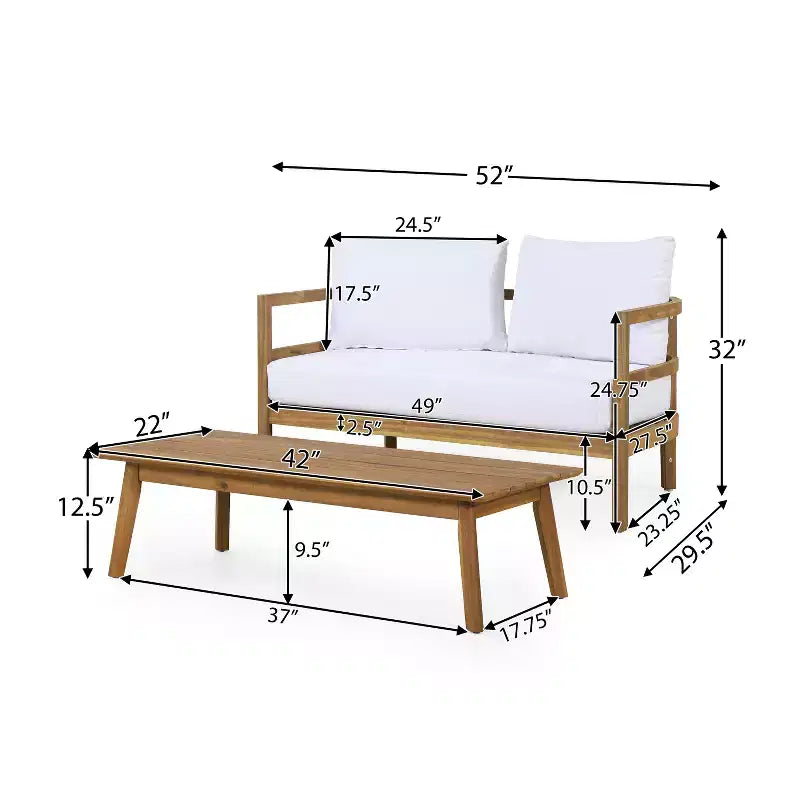 GDFStudio Aggie, set da esterni con divanetto a due posti e tavolino da caffè in legno di acacia con cuscini, teak/bianco