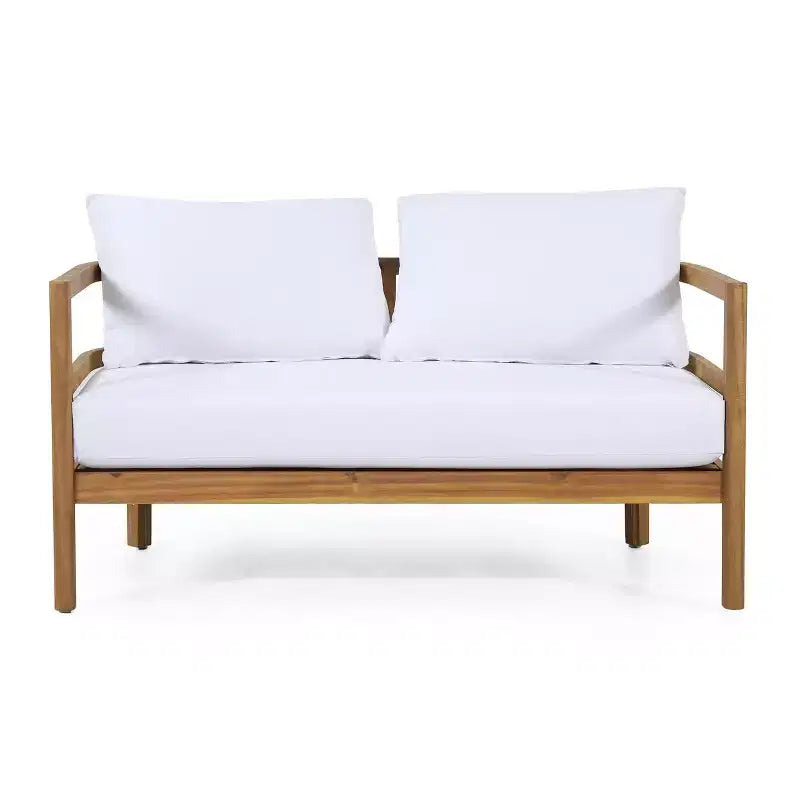 GDFStudio Aggie, set da esterni con divanetto a due posti e tavolino da caffè in legno di acacia con cuscini, teak/bianco