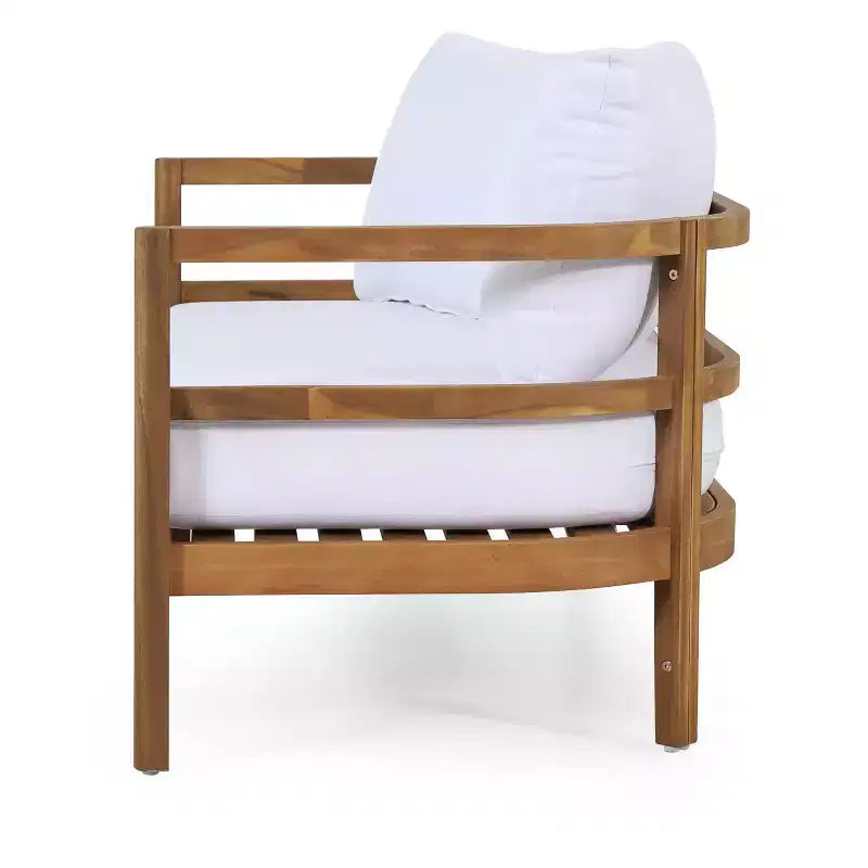 GDFStudio Aggie, set da esterni con divanetto a due posti e tavolino da caffè in legno di acacia con cuscini, teak/bianco