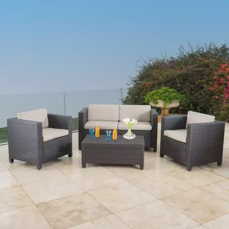 Christopher Knight Home Puerta, Set Salotto da Esterno a 4 Posti in Vimini con Cuscini