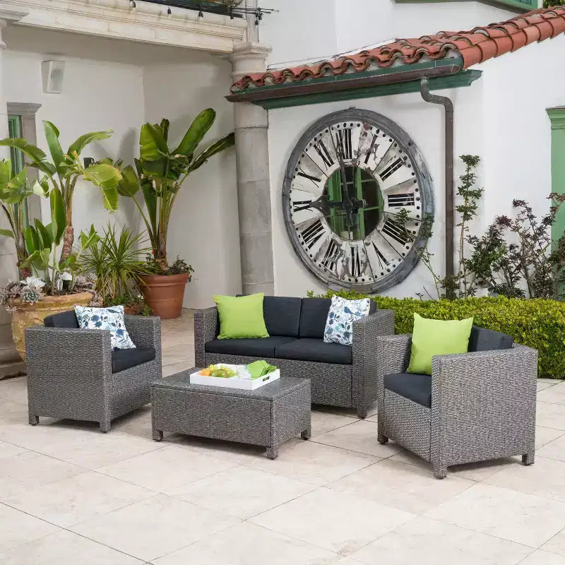 Christopher Knight Home Puerta, Set Salotto da Esterno a 4 Posti in Vimini con Cuscini