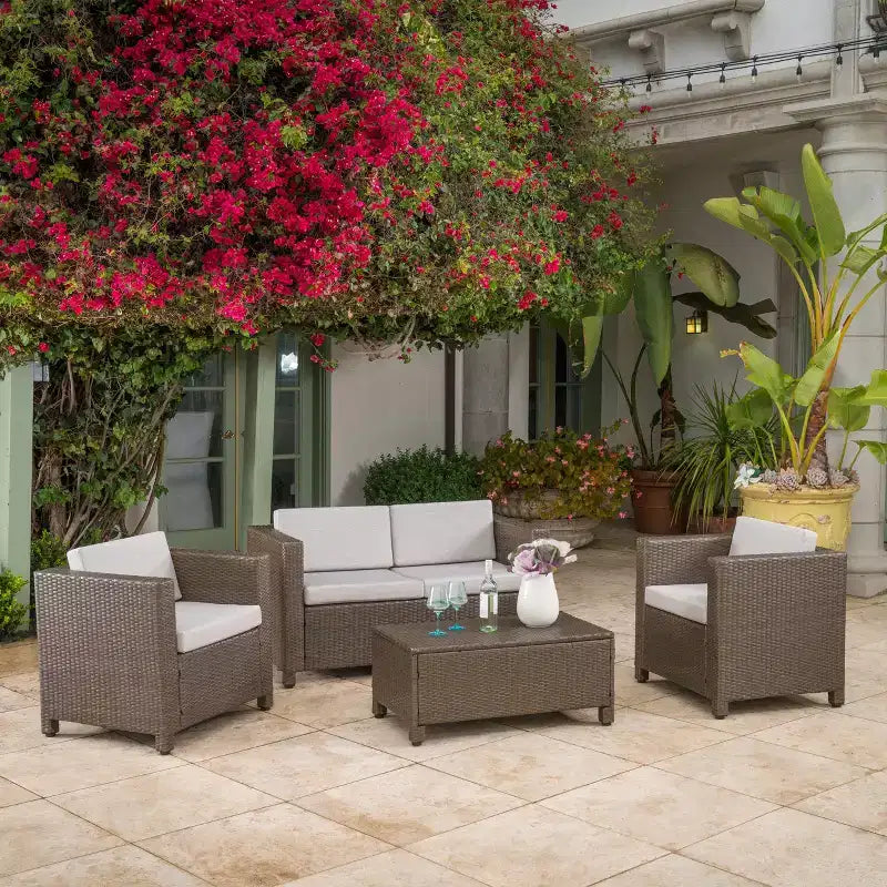 Christopher Knight Home Puerta, Set Salotto da Esterno a 4 Posti in Vimini con Cuscini