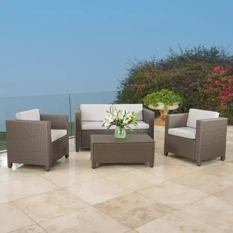 Christopher Knight Home Puerta, Set Salotto da Esterno a 4 Posti in Vimini con Cuscini