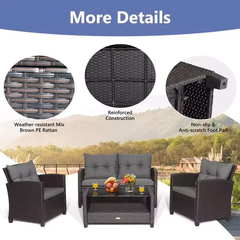 Costway Set da 8 Pezzi Mobili da Giardino in Rattan Tavolo in Vetro Scaffale Divano Cuscini Grigio