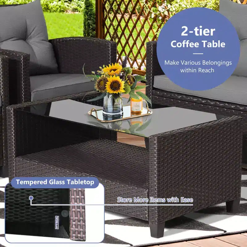 Costway Set da 8 Pezzi Mobili da Giardino in Rattan Tavolo in Vetro Scaffale Divano Cuscini Grigio
