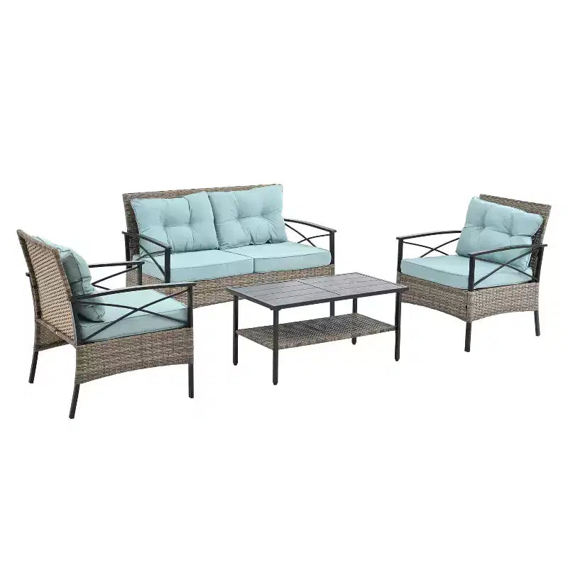 Mobili da giardino, Mobili per esterni, Mobili stagionali in vimini PE, Set da quattro mobili in vimini con tavolo in metallo nero