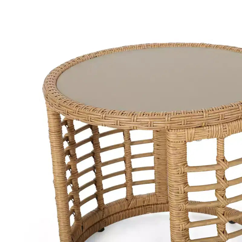 Christopher Knight Home Specter Set da 3 Pezzi da Conversazione per Esterno in Vimini e Vetro Temperato con Cuscini, Marrone Chiaro/Beige