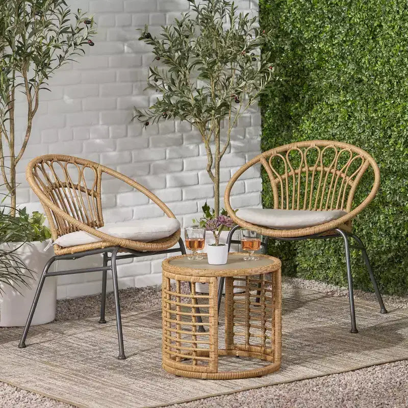 Christopher Knight Home Specter Set da 3 Pezzi da Conversazione per Esterno in Vimini e Vetro Temperato con Cuscini, Marrone Chiaro/Beige