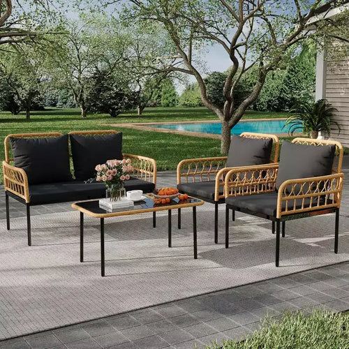Set da 4 Pezzi per Conversazione da Esterno, Set di Mobili da Esterno in Vimini, 1 Divanetto e 2 Sedie e 1 Tavolo, Set Conversazione Boho per Patio, Nero