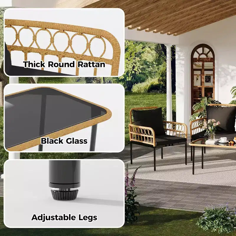 Set da 4 Pezzi per Conversazione da Esterno, Set di Mobili da Esterno in Vimini, 1 Divanetto e 2 Sedie e 1 Tavolo, Set Conversazione Boho per Patio, Nero