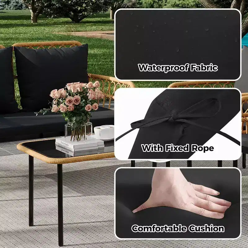 Set da 4 Pezzi per Conversazione da Esterno, Set di Mobili da Esterno in Vimini, 1 Divanetto e 2 Sedie e 1 Tavolo, Set Conversazione Boho per Patio, Nero