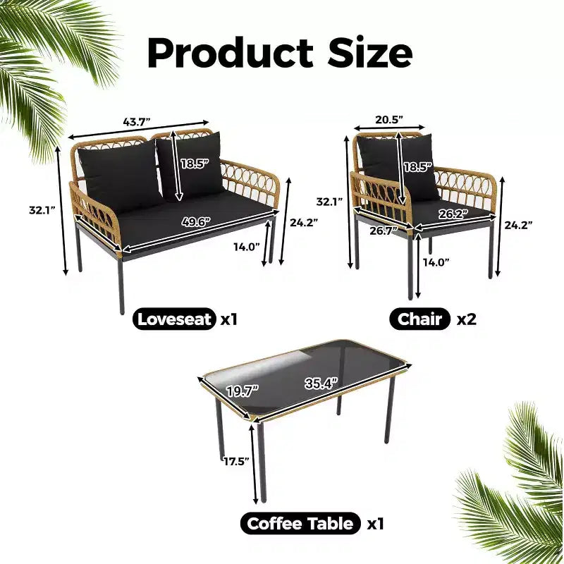 Set da 4 Pezzi per Conversazione da Esterno, Set di Mobili da Esterno in Vimini, 1 Divanetto e 2 Sedie e 1 Tavolo, Set Conversazione Boho per Patio, Nero