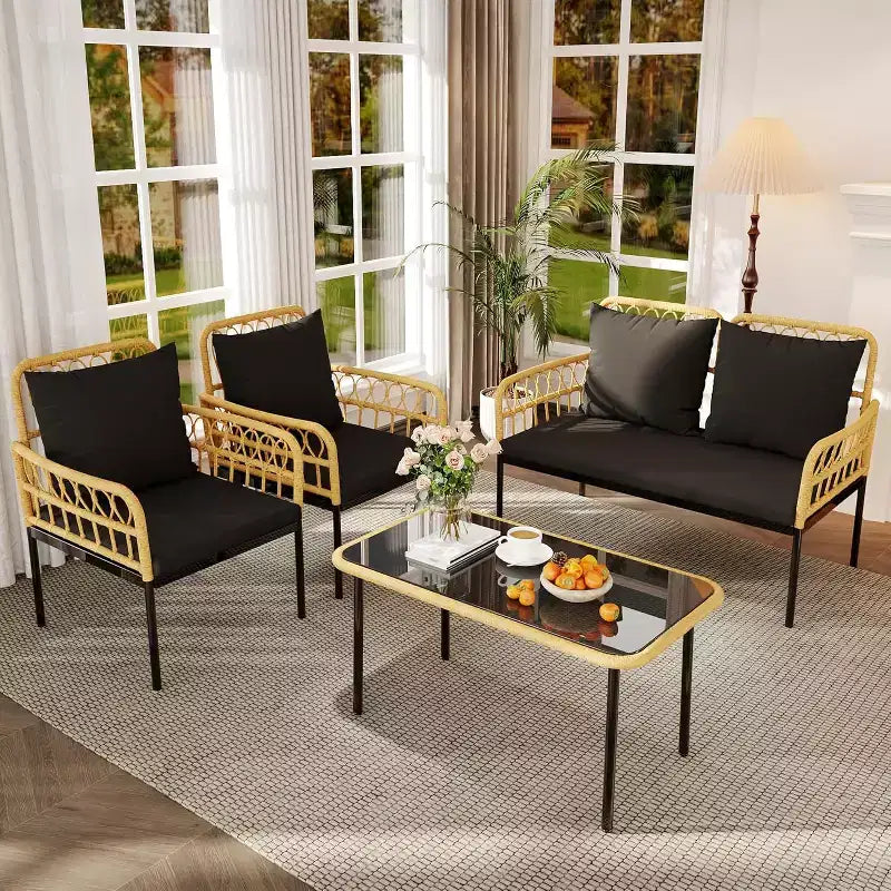 Set da 4 Pezzi per Conversazione da Esterno, Set di Mobili da Esterno in Vimini, 1 Divanetto e 2 Sedie e 1 Tavolo, Set Conversazione Boho per Patio, Nero