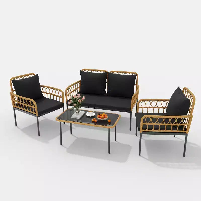 Set da 4 Pezzi per Conversazione da Esterno, Set di Mobili da Esterno in Vimini, 1 Divanetto e 2 Sedie e 1 Tavolo, Set Conversazione Boho per Patio, Nero
