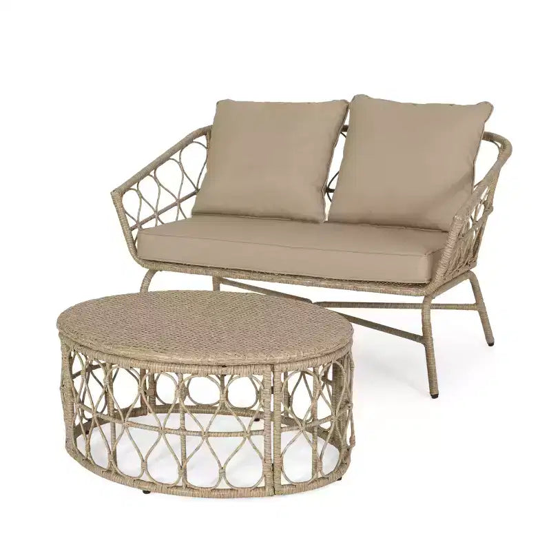 Set divanetto e tavolino da caffè GDFStudio Colmar per esterni in vimini con cuscini, marrone chiaro/beige