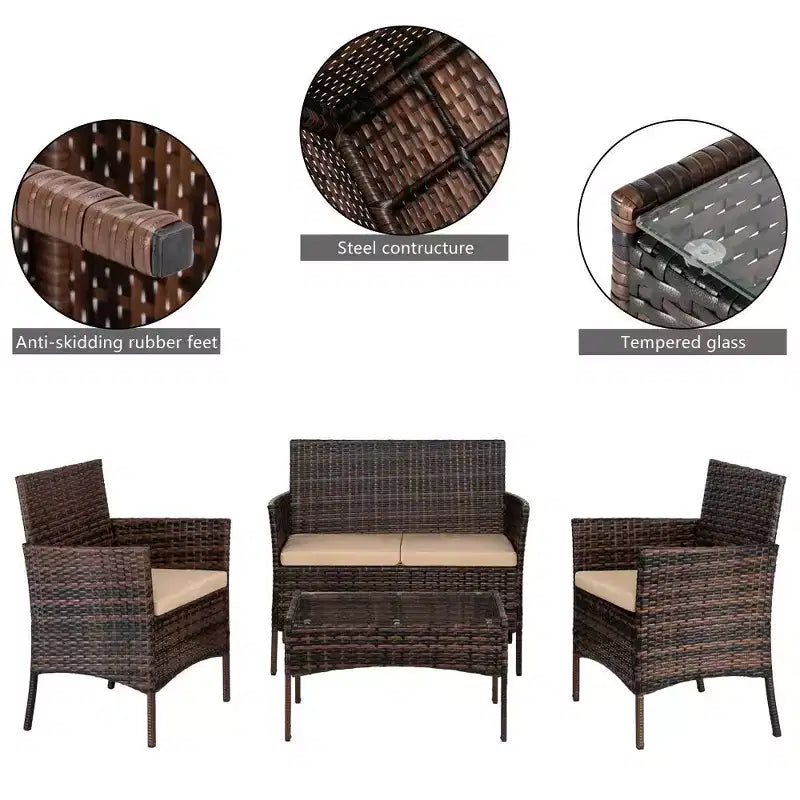 Set da conversazione Karl Home da 4 pezzi per patio in vimini con cuscini beige