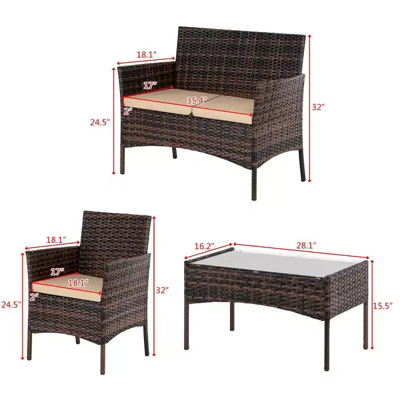 Set da conversazione Karl Home da 4 pezzi per patio in vimini con cuscini beige