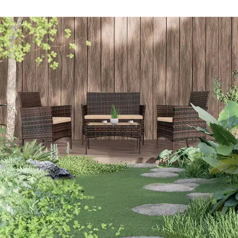 Set da conversazione Karl Home da 4 pezzi per patio in vimini con cuscini beige