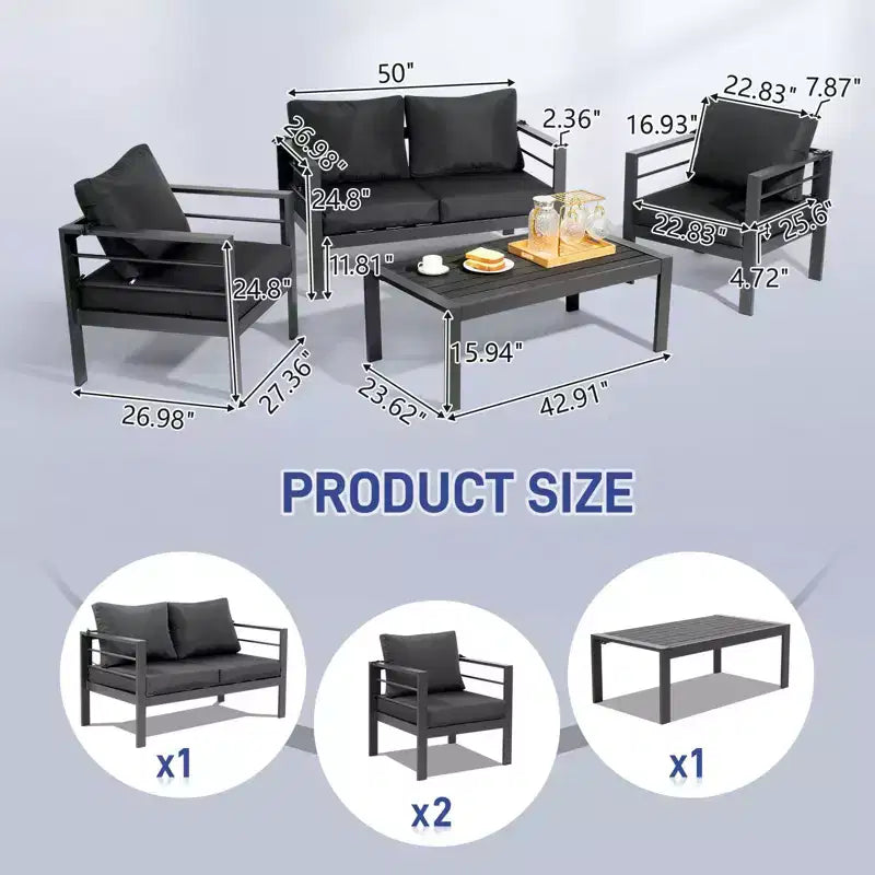 Set da esterno Karl Dark Gray in alluminio a 4 pezzi con cuscini Dark Gray