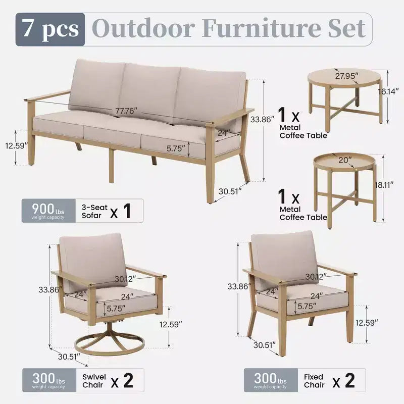 Captiva Designs Set da conversazione da esterno 7 pezzi con schienale a fascia incrociata e cuscini spessi per terrazza, giardino o bordo piscina