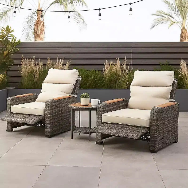Teamson Home - Set da Esterno Reclinabile in Vimini a 3 Pezzi con Braccioli e Cuscini in Legno