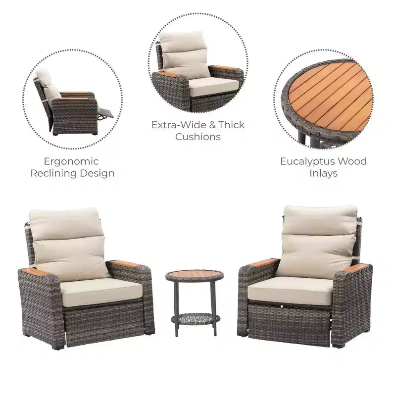 Teamson Home - Set da Esterno Reclinabile in Vimini a 3 Pezzi con Braccioli e Cuscini in Legno